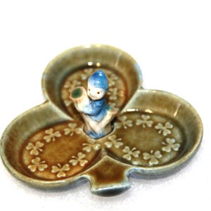 pixie or leprechaun 3 leaf clover  dish Lucky clover trinket dish with tiny Pixie tiny pixie made in Ireland mark