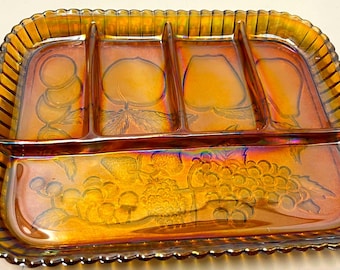 Piatto da frutta vintage in vetro Carnival color ambra, piatto iridescente color calendula