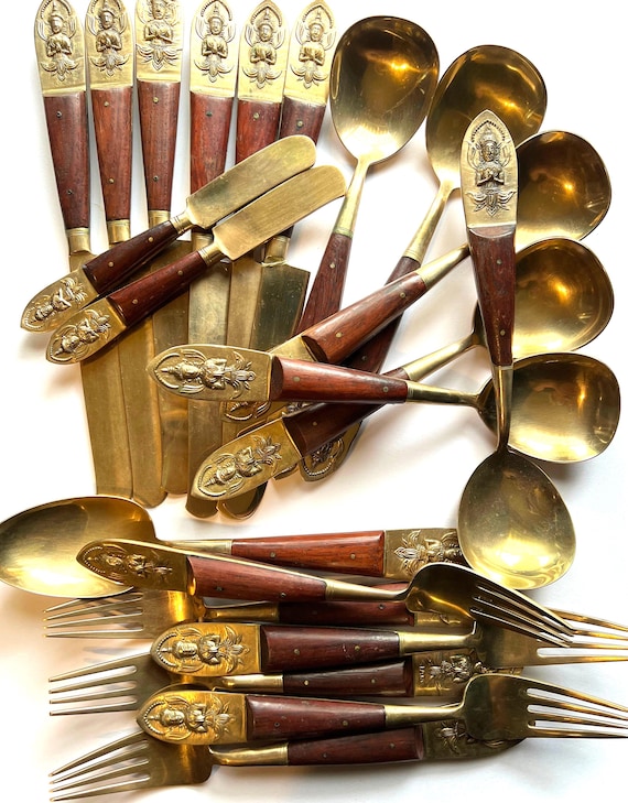 Vintage Siam Bronze Flatware Set: Thai God Finials, Rosewood