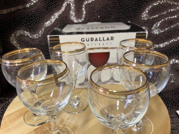 Vintage Turkish Wine Glasses Set 6 | Gold Gilt Rims, Atlantica