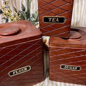 Botes de cocina de madera vintage hechos a mano, estilo rústico, juego de 3, con esquinas de cola de milano, estilo rústico, para cocina de campo. Botes de madera para cocina de campo.