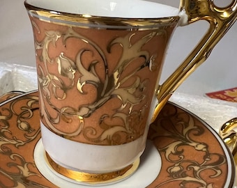 Gold painted  12 piece coffee set  high tea set never used VGC. Gold handles gold trim fine detail suit High tea 6 gold cups 6 gold saucers