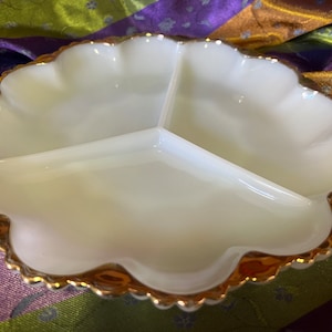 Milk Glass serving platter   3 dividers gold band vintage Milk Glass plate Milk glass platter devilled egg server shell pattern mid- century