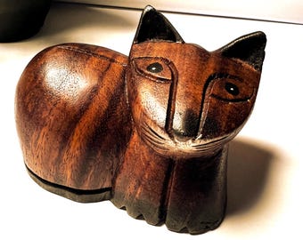 タイの民芸品、青い目の猫の像、木彫りのかわいい猫の彫刻 - Etsy 日本