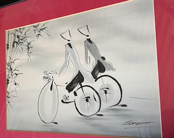 ベトナムの水墨画と水彩画：自転車に乗る女性たち、額装されたミニマ