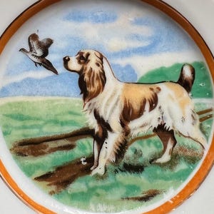 Miniature Hunting Dog Plate – Vintage Japanese China – 9.5 cm – Spaniel & Duck Collectible Dish