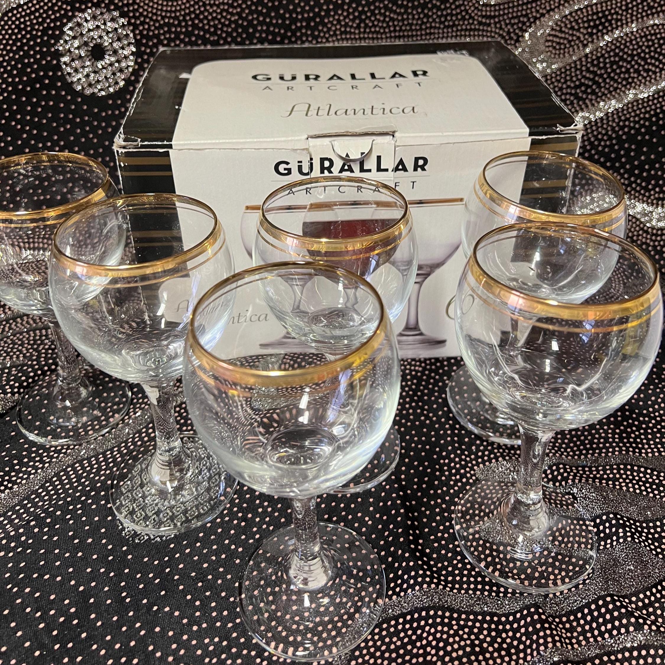 Vintage Turkish Wine Glasses Set 6 | Gold Gilt Rims, Atlantica