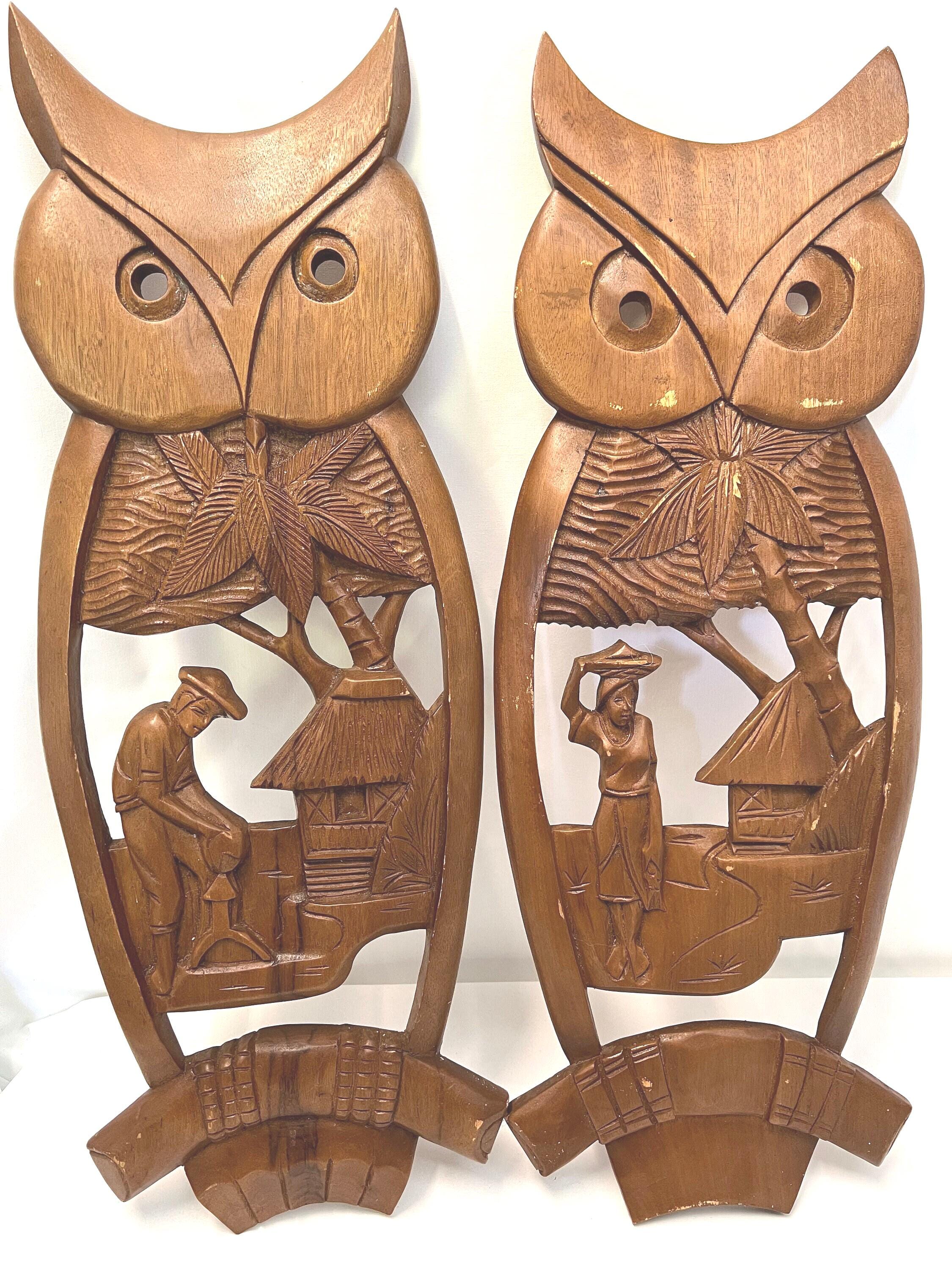 Pair of large carved wooden  vintage owls retro / oriental Asian inspired Wall art symbolic male and
