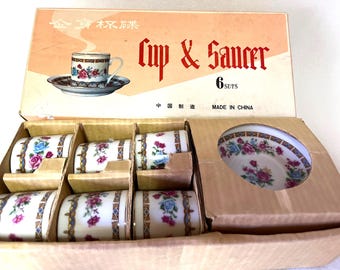 Juego de té vintage en miniatura para 6 personas: rosas y dorado, caja original