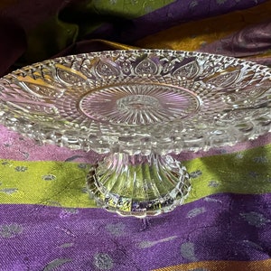 Vintage glass Comport footed stand small tea cake stand  biscuit stand glass cake plate Pedestal stand  lovely pattern vintage glass plate