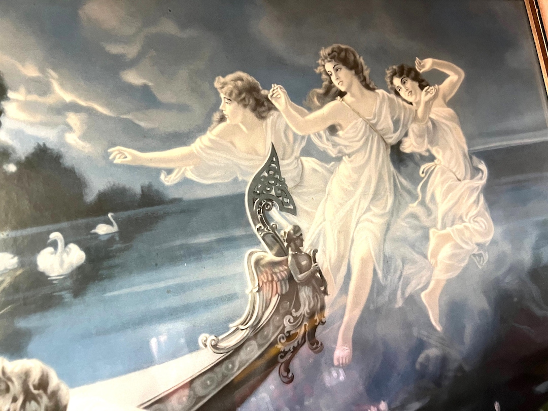 Vintage Framed Print: Hermann Clementz Nymphs & Swans, German Art