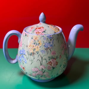 May include: A floral patterned ceramic teapot. The teapot features a light green base with a pattern of pink, yellow, and blue flowers. The handle, spout, and lid are light blue. The teapot is on a green surface against a red background.