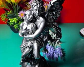 Large Eros & Psyche Sculpture, Greek Mythology Figurine, Silver Finish Statue, Romantic Art (38 cm)