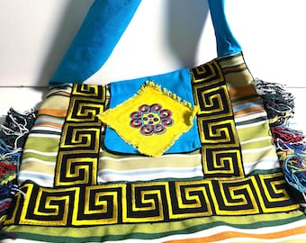 Boho Sling Bag Rainbow Crossbody Bag Embroidered Cotton Hobo Bag Festival Hippie Bohemian Shoulder Bag Vintage One of a Kind design B21