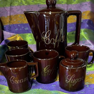 Vintage Japanese Coffee Set: Glazed Pottery, Gold Gilt - 9 Piece