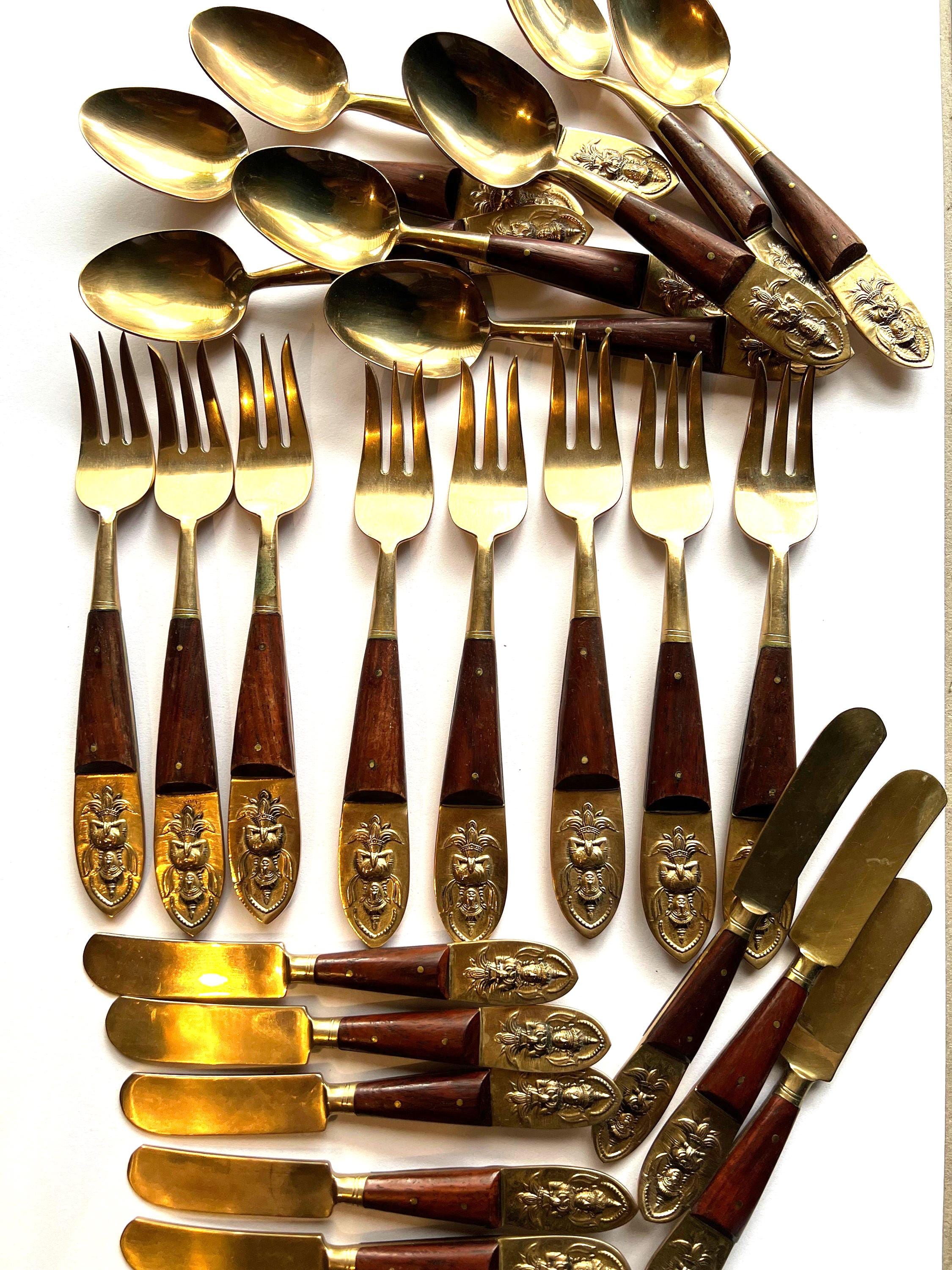 Vintage Siam 58 Piece Bronze Flatware Set: Thai Deity Rosewood