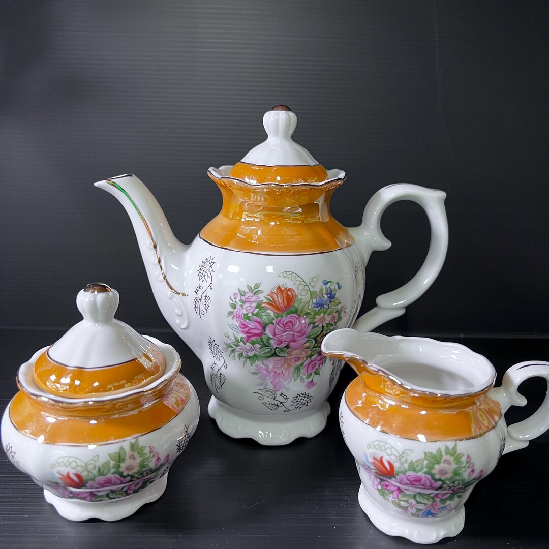 Vintage Japanese Lustreware Tea Set – Orange Floral & Gold