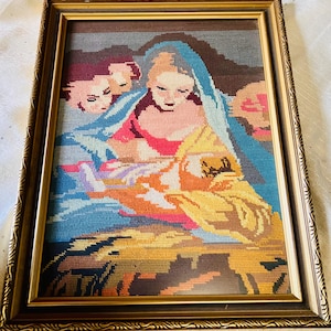 Handcrafted Nativity Scene  Birth Of Jesus tapestry baby Jesus vintage Christmas wall art 46 x 36 framed behind glass Christmas Spirit
