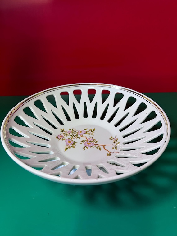 Vintage Schmidt Porcelana Brasil Footed Obstschale 26 cm Breite Sockel Porzellan Rosa Blüten