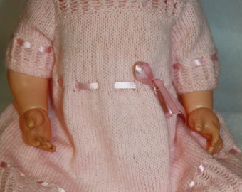 pink knitted  dress hand knitted dress vintage knit handmade  dress suit baby or doll pink knitted dress vintage dress fine knit vintage
