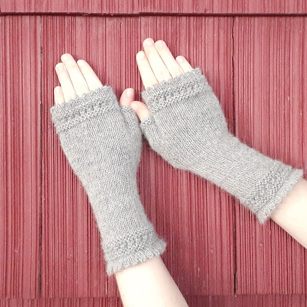 Gray alpaca fingerless gloves, Luxury fiber knitted wrist warmers, lace mitts, hand made in USA, natural fiber mittens /ready to ship
