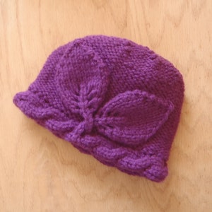 May include: Purple knitted hat with a leaf design.