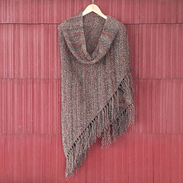 Large handknit brown shawl, knitted triangle shaped woodsy wrap with fringe, hand knit woman's winter accessory, made in USA /Ready to Ship