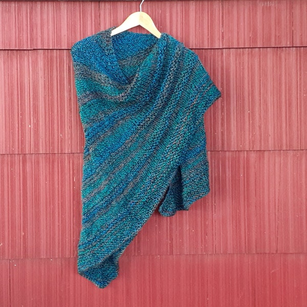 Hand knit teal shawl. traditional triangle shawl, thick winter scarf, large blanket scarf, machine washable wrap, /Ready to ship