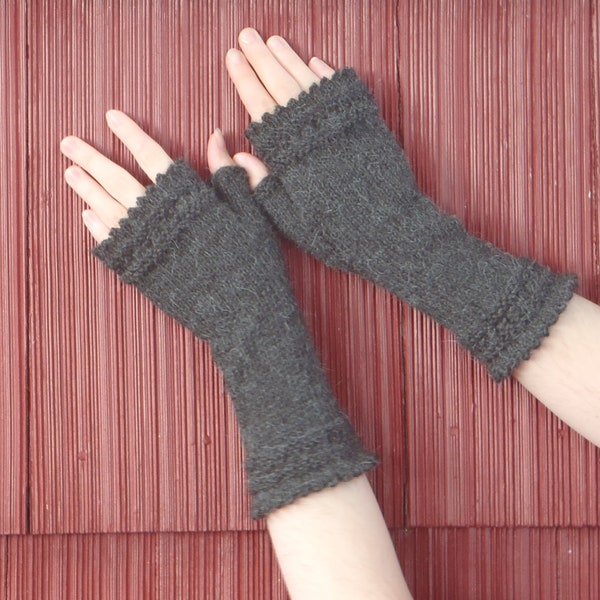 Gray alpaca fingerless gloves, Luxury fiber knitted wrist warmers, lace mitts, made in usa, gift for her natural fiber mittens/ready to ship