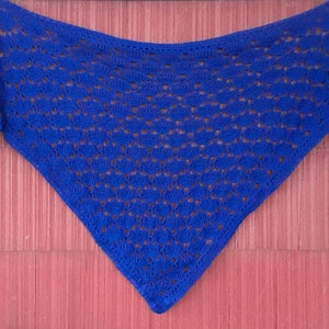 May include: A blue crocheted shawl with a lacy pattern. The shawl is triangular in shape and has a fringed edge.