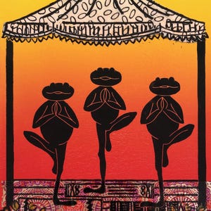 May include: Three black frogs in a yoga pose under a white and black striped canopy with a yellow, orange, and red background. The frogs are standing on a patterned rug.