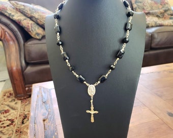 Bronze and crystal long necklace Rosary style necklace Virgins Saints and Angels inspired. Tudor style Religious Vintage crystal pendant