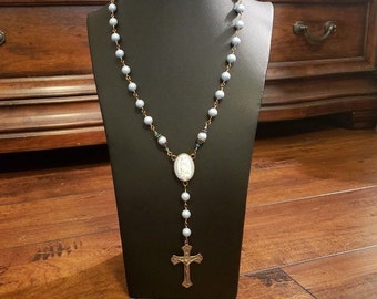 Bronze and crystal long necklace Rosary style necklace Virgins Saints and Angels inspired. Tudor style Religious Vintage crystal pendant