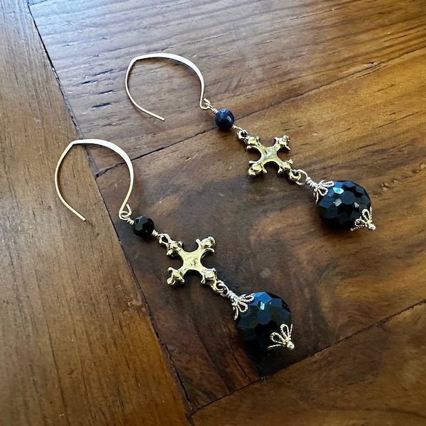 Gothic Cross Earrings in Antiqued Gold, Faceted Black Coin Beads, Gold Raw Brass Marquise Ear Wires, Religious Jewelry, Confirmation Gift