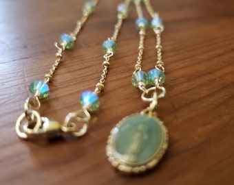 Teal Enameled Miraculous Medal Necklace with Greenish Blue Sparkly Crystals, Catholic Necklace, Catholic Jewelry, Blessed Mother