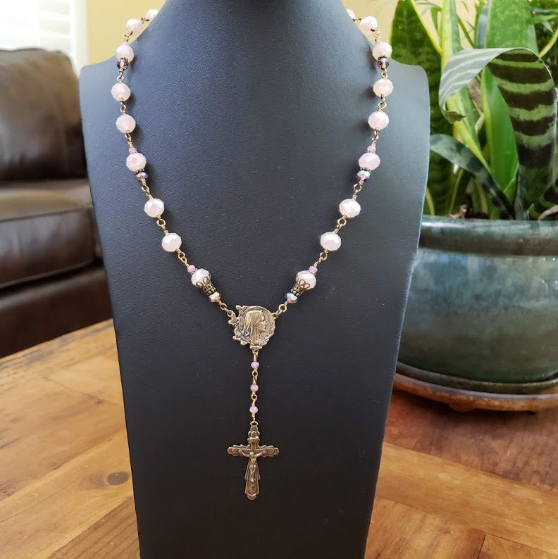 Blessed Virgin Mary Rosary Style Catholic Necklace, Faceted Pink Glass ...