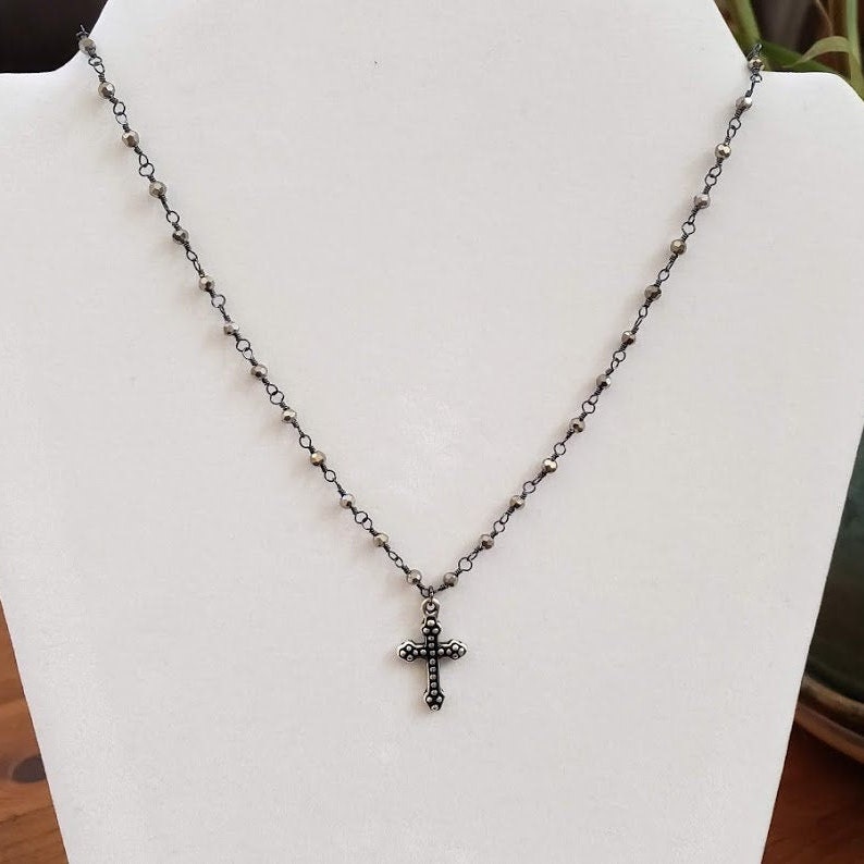 Dainty Silver Cross Pendant Necklace Faceted Silver Metallic | Etsy