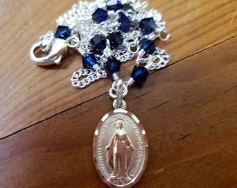 Sterling Silver Petite Miraculous Medal Catholic Necklace, Catholic Jewelry, Catholic Gifts, Wire Wrapped, Indigo Blue Swarovski Crystals