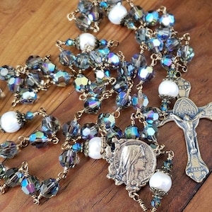 St. Benedict Catholic Rosary, Swarovski Crystals, Freshwater Pearls, Blessed Mother Center, Bronze Heirloom Medals, wire wrapped