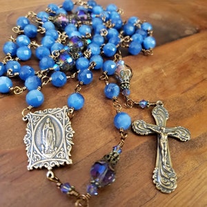 Denim Blue Quartz Gemstone Catholic Heirloom Rosary, Our Lady of Lourdes Rosary , Wire Wrapped, Bronze Medals, Gifts of Faith
