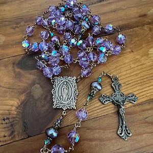 Catholic Heirloom Rosary, Our Lady Of Lourdes Center, Crown of Thorns Crucifix, Czech Crystals, Wire Wrapped, Bronze Medals, Catholic Gift