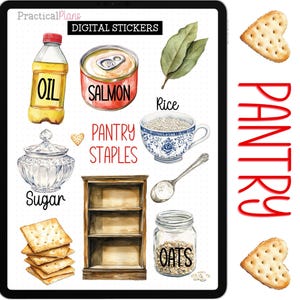 Könnte beinhalten: Digitales Sticker-Set mit Aquarell-Illustrationen von Vorratskammer-Grundnahrungsmitteln. Enthält Öl, Lachs, Lorbeerblätter, Reis in einer Tasse, Zucker, ein Holzregal, Haferflocken und Cracker. Das Wort "Pantry" ist vertikal geschrieben.