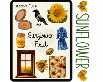 Pode incluir: Ilustração digital com tema de girassol. Inclui um corvo, um frasco de manteiga de girassol, um vestido de ganga, um compacto, um caderno e uma janela com vista para um campo de girassóis. A palavra "Sunflower" está escrita verticalmente.