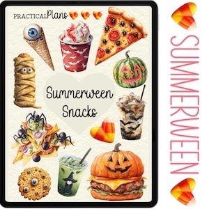 May include: A digital illustration of "Summerween Snacks" on a tablet. The image features various Halloween-themed foods, including a mummy, pizza, a jack-o'-lantern burger, and a witch's brew drink. The word "Summerween" is written vertically on the right.