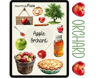 Puede incluir: Ilustración digital con temática de huerto de manzanas. Incluye un letrero de madera con una manzana, una manzana verde, una cesta de manzanas, un tarro de sidra, una tarta y el texto "Apple Orchard".