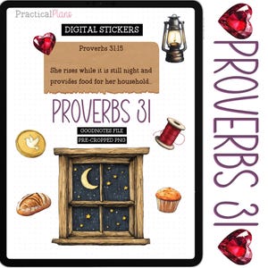 Puede incluir: Pegatinas digitales para Goodnotes con una ventana con una luna creciente y estrellas, una hogaza de pan, una magdalena, una bobina de hilo, una linterna, una paloma y un corazón. También se incluye el texto "Proverbios 31:15" y "Proverbios 31".
