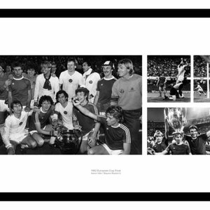 May include: A black and white photograph of a football team holding a trophy. The team are wearing their kits and smiling. The photo is divided into four sections, with the team in the centre and three smaller photos of the team playing in the background.