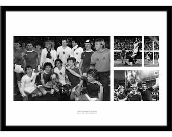 May include: A black and white photo of a soccer team holding a trophy. The team is wearing their uniforms and are smiling. The photo is divided into four sections, with the team in the center and three smaller photos of the team playing in the background.