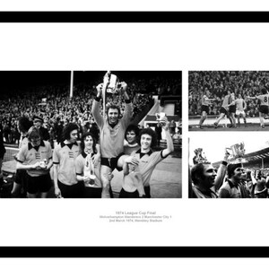 May include: Black and white photograph of a football team celebrating a victory. The team is holding a trophy and are surrounded by fans. The photo is from the 1974 League Cup Final, where Wolverhampton Wanderers beat Manchester City 2-1.
