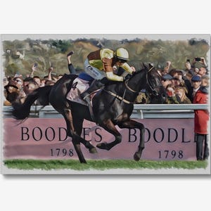 May include: A black horse with a jockey in a yellow and white uniform jumps over a fence. The horse is in mid-air, and the jockey is leaning forward. The horse is racing on a track with a crowd of people in the background. The fence has a sign that says "BOODLES 1798".